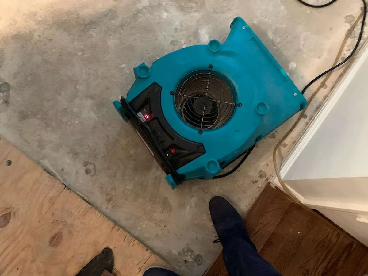 Air mover drying subfloor during Leak Detection & Repair in Buckeye